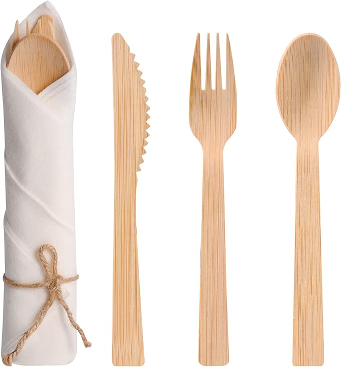 Pre Rolled Napkin and Bamboo Cutlery Set - 100Pack Bamboo Utensils/Compostable