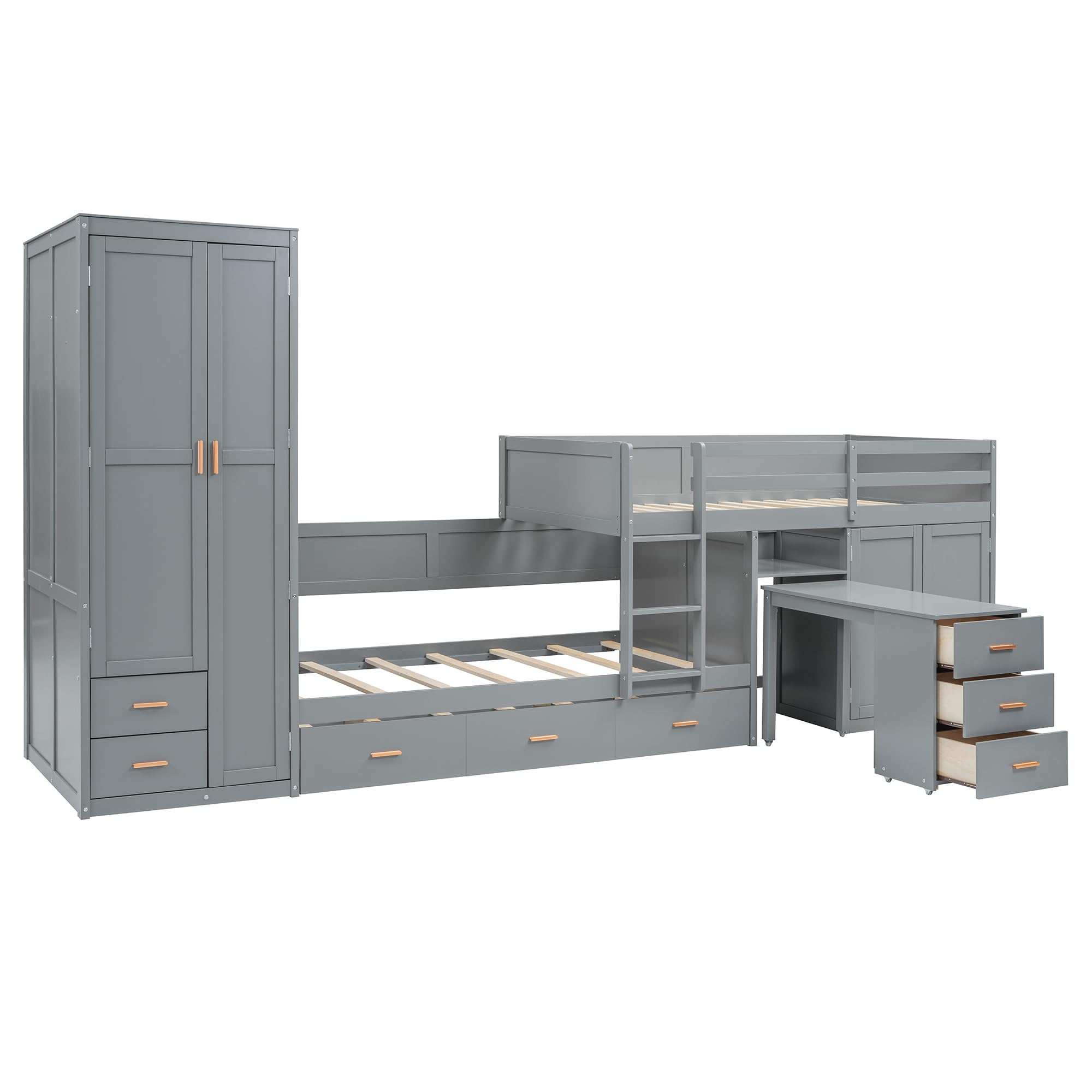 Twin Over Twin Bunk Bed with Wardrobe, Desk, Storage Cabinets and Drawers