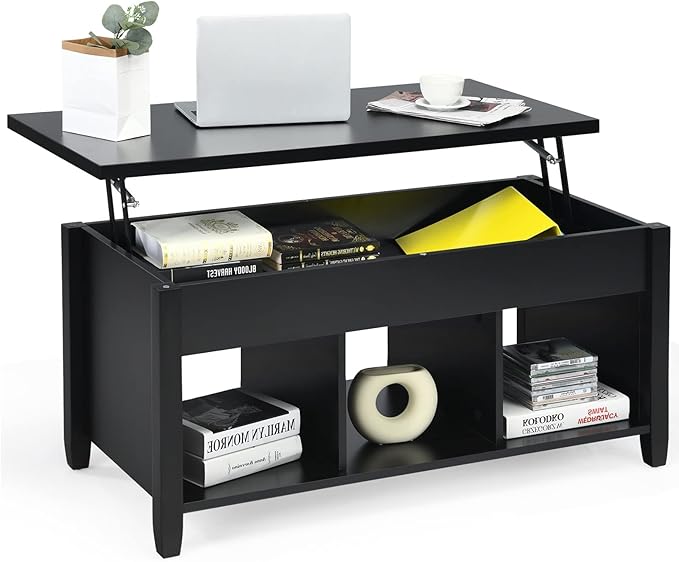 Lift Top Coffee Table, with Hidden Storage Compartment & 3 Open Shelves, Rectangular