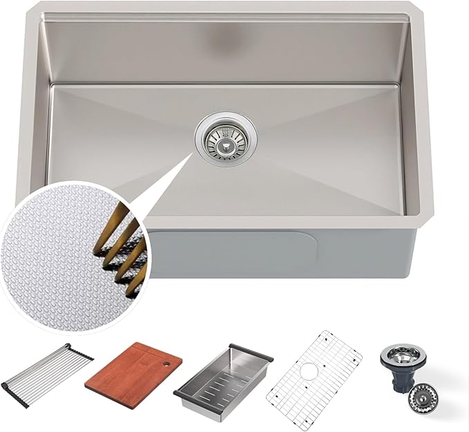 30" x 19" Kitchen Workstation Sink - 10" Deep Basin, 3D Embossed Undermount