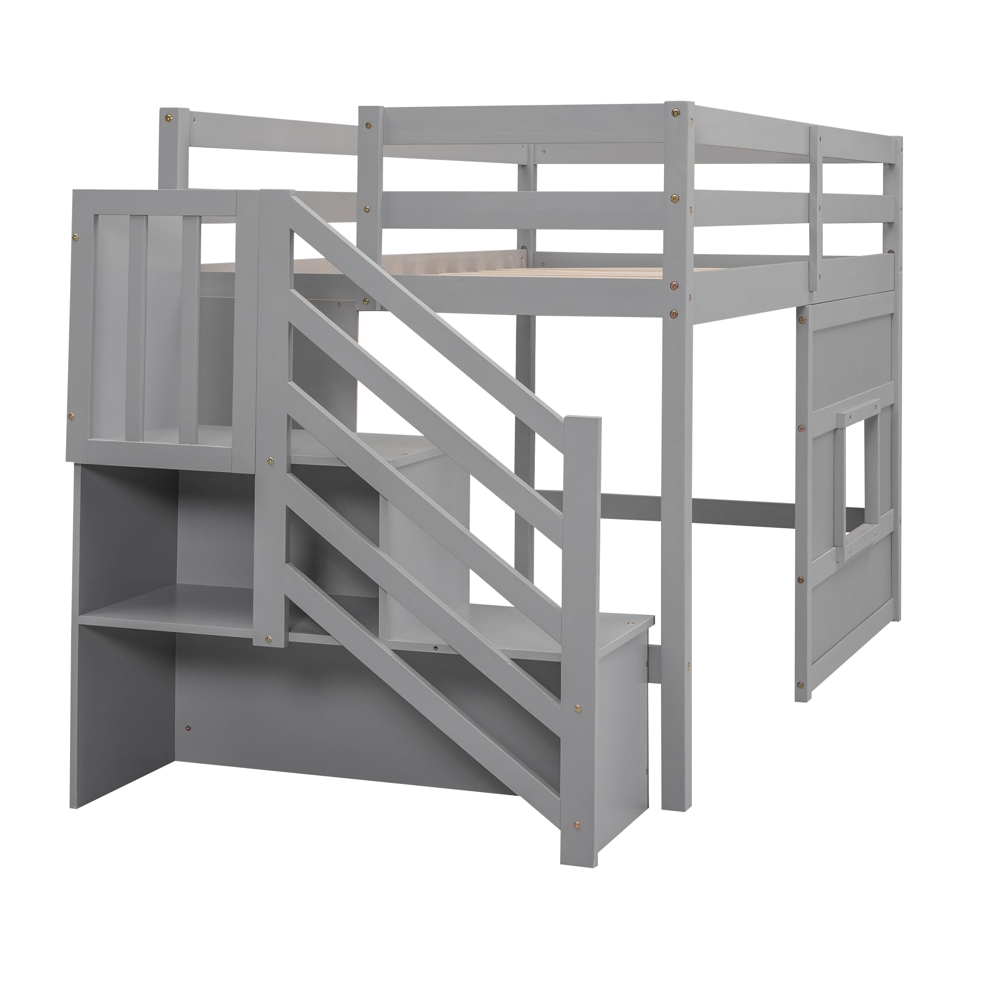 Low Loft Bed with Stairs, Twin Size Storage Loft Bed Frame with Staircase and Window