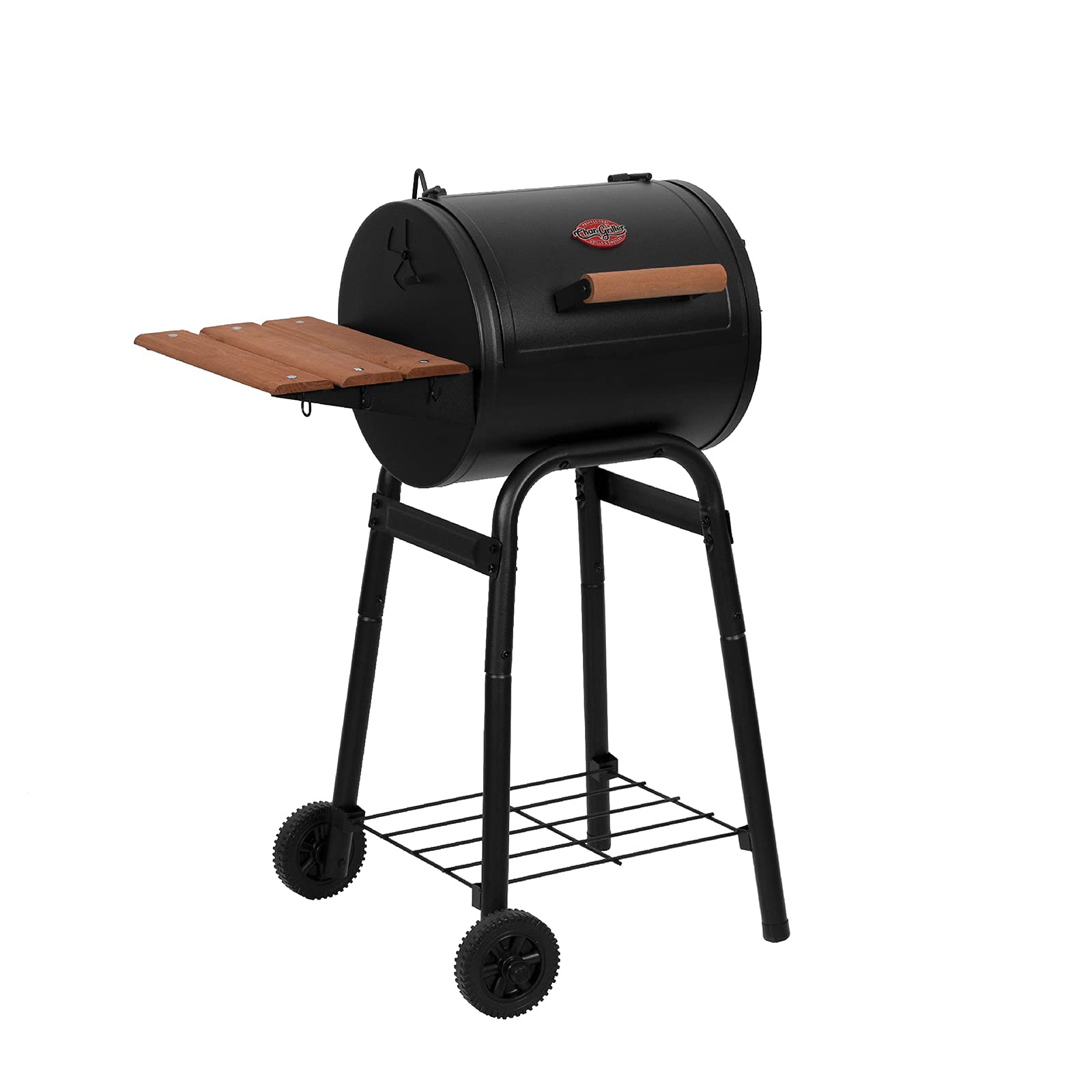 Patio Pro Charcoal Grill and Smoker with Cast Iron Grates, Premium Wood Shelf