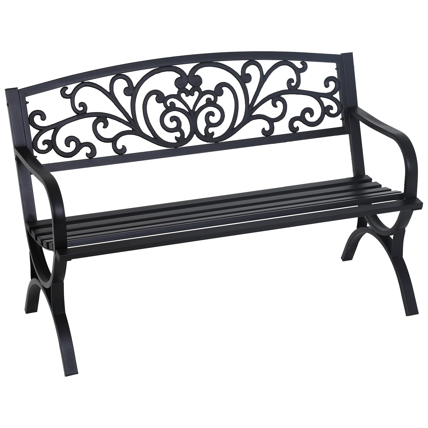 Outdoor 50 Inches Garden Bench, Slatted Seat Armrests Floral Design Backres