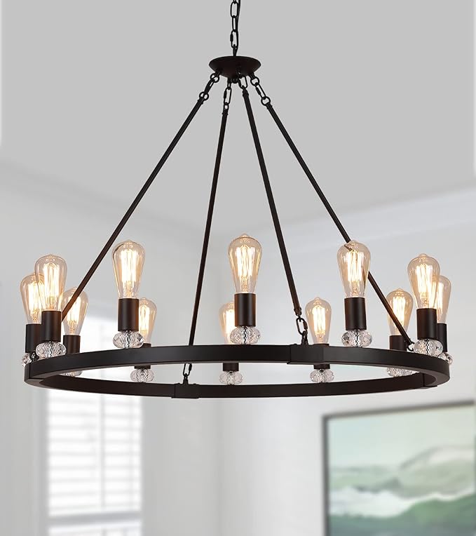 Black Wagon Wheel Chandeliers 12-Lights Large Modern Farmhouse Chandelier