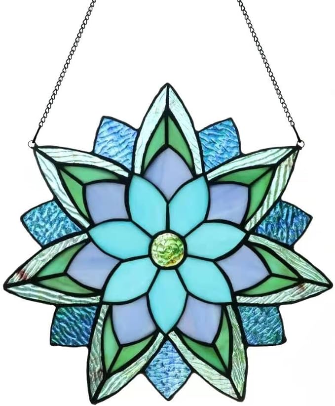 12 Inch Round Stained Glass Window Panel Tiffany Style Ornament Handmade Blue