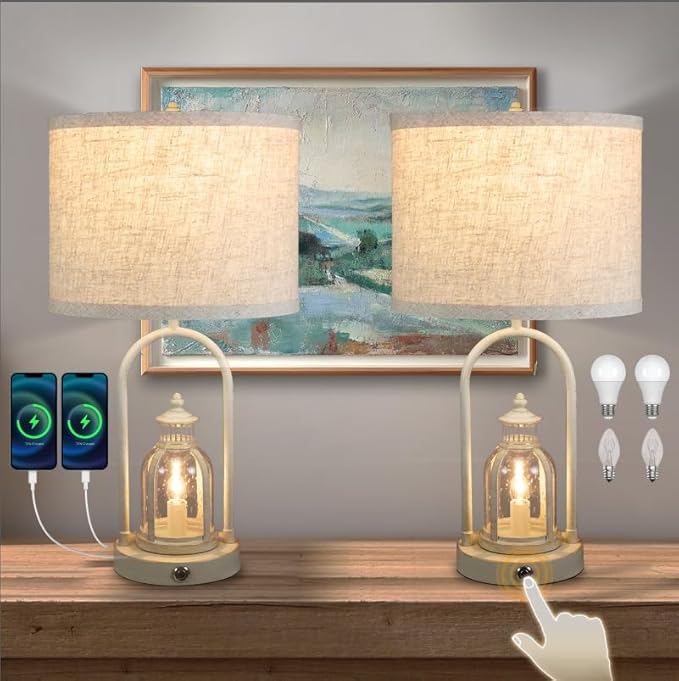 Table Lamps for Living Room Set of 2, Rustic Vintage Bedroom Nightstand