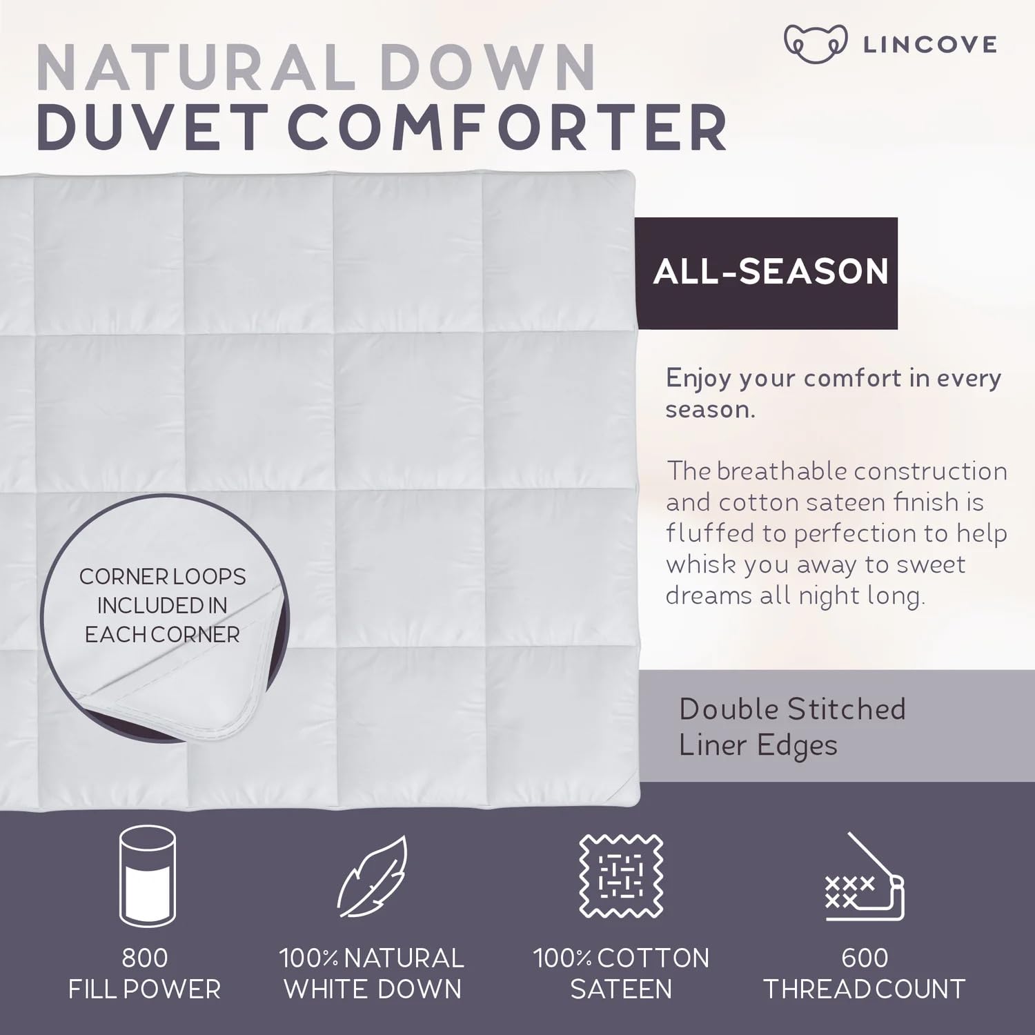 Lincove European Down Comforter King Size - Breathable, Ultra-Soft & Fluffy Comforter Filled with 100% Natural White Down, Luxury Hotel Collection All Season Duvet Insert with Corner Tabs