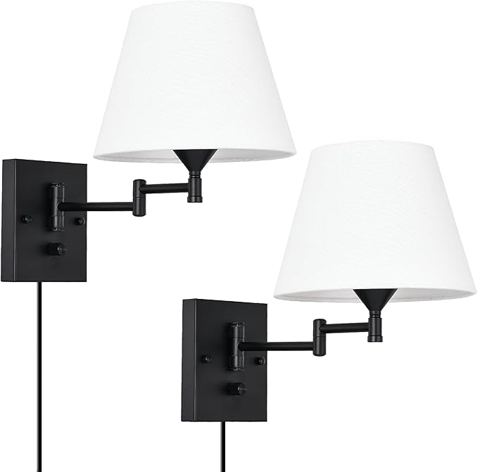Wall Sconce Set of 2 Swing Arm Wall Lamp with Plug in Cord and Fabric Shade