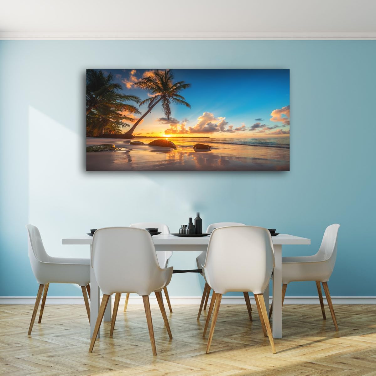 Wall Art Canvas Painting Sunset on a Tropical Beach with Palm Trees 1 Piece Blue