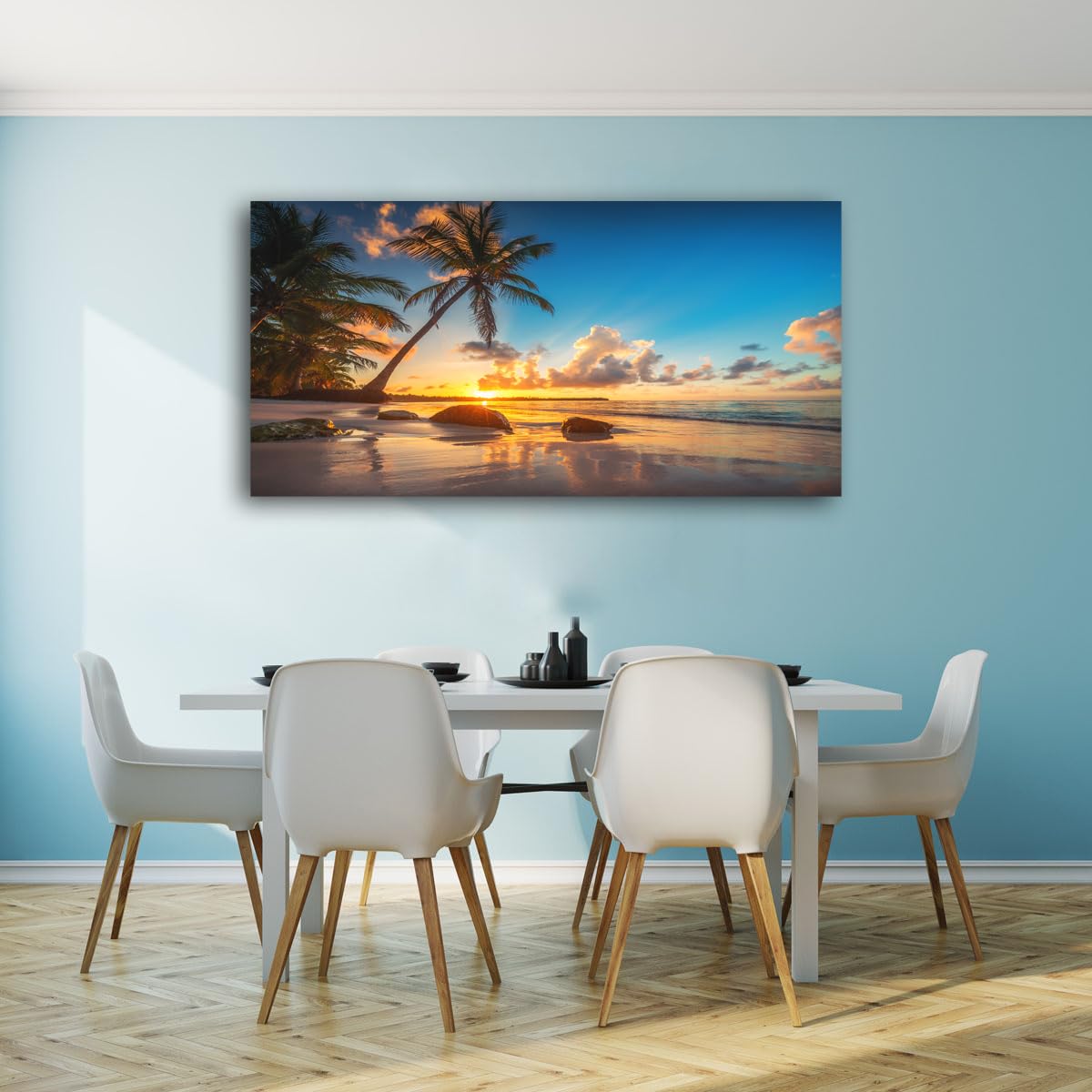 Wall Art Canvas Painting Sunset on a Tropical Beach with Palm Trees 1 Piece Blue