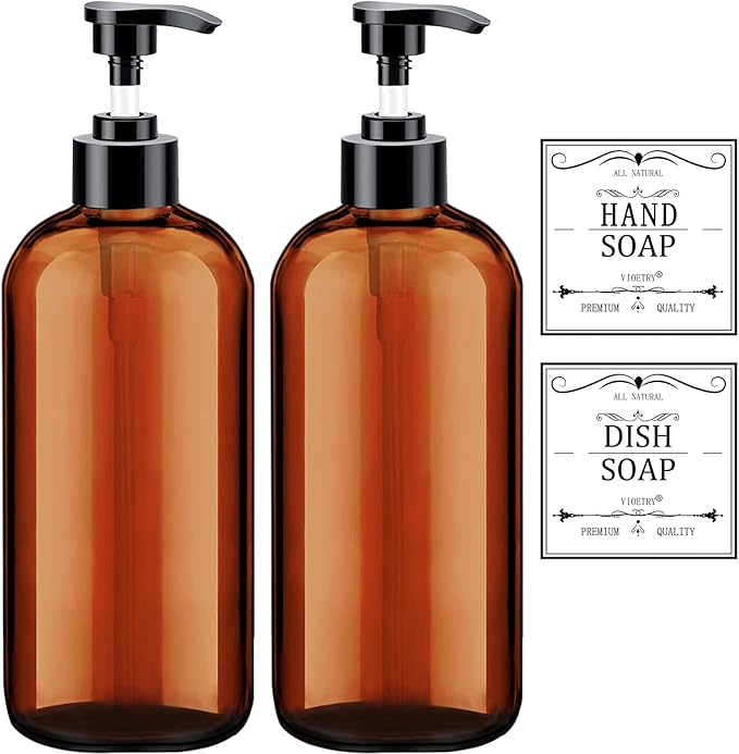 Clear Soap Dispenser with Rust Proof Pump, Waterproof Labels (2 Pack,16 Oz)