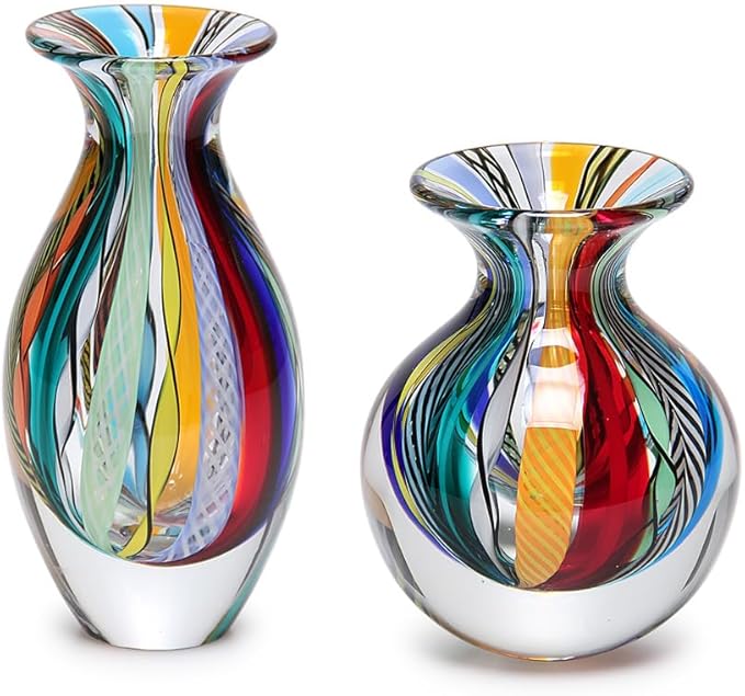 Glass Vases Boho with Red/Yellow Canes Hand Blown Murano-Style Art Glass
