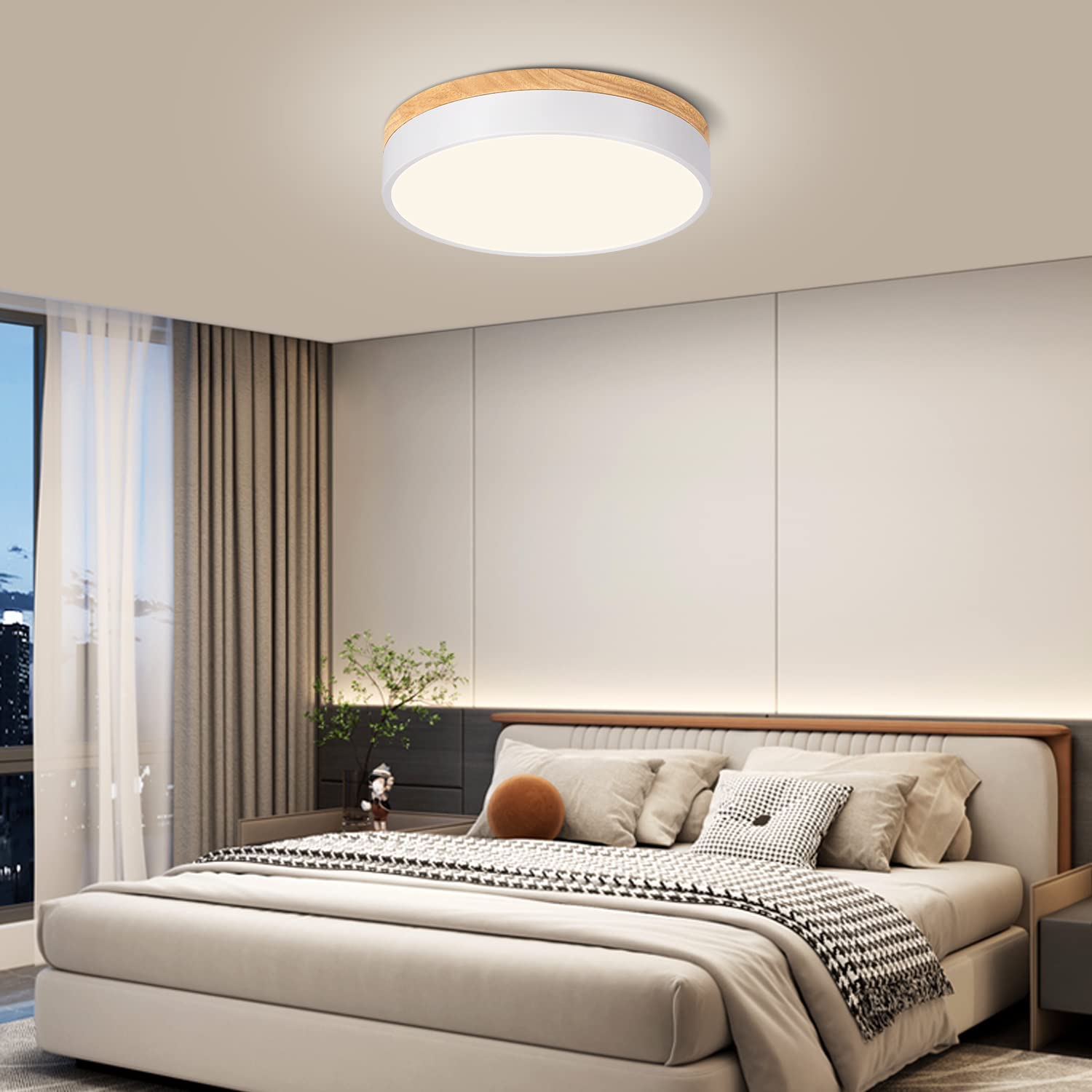 Modern Dimmable LED Close to Ceiling Light Minimalist Wood Oak Flush Mount Ceiling Light Fixture with Lampshade for Bedroom Living Room Bathroom Laundry Room (White-Dimmable, 11.8''/30cm)