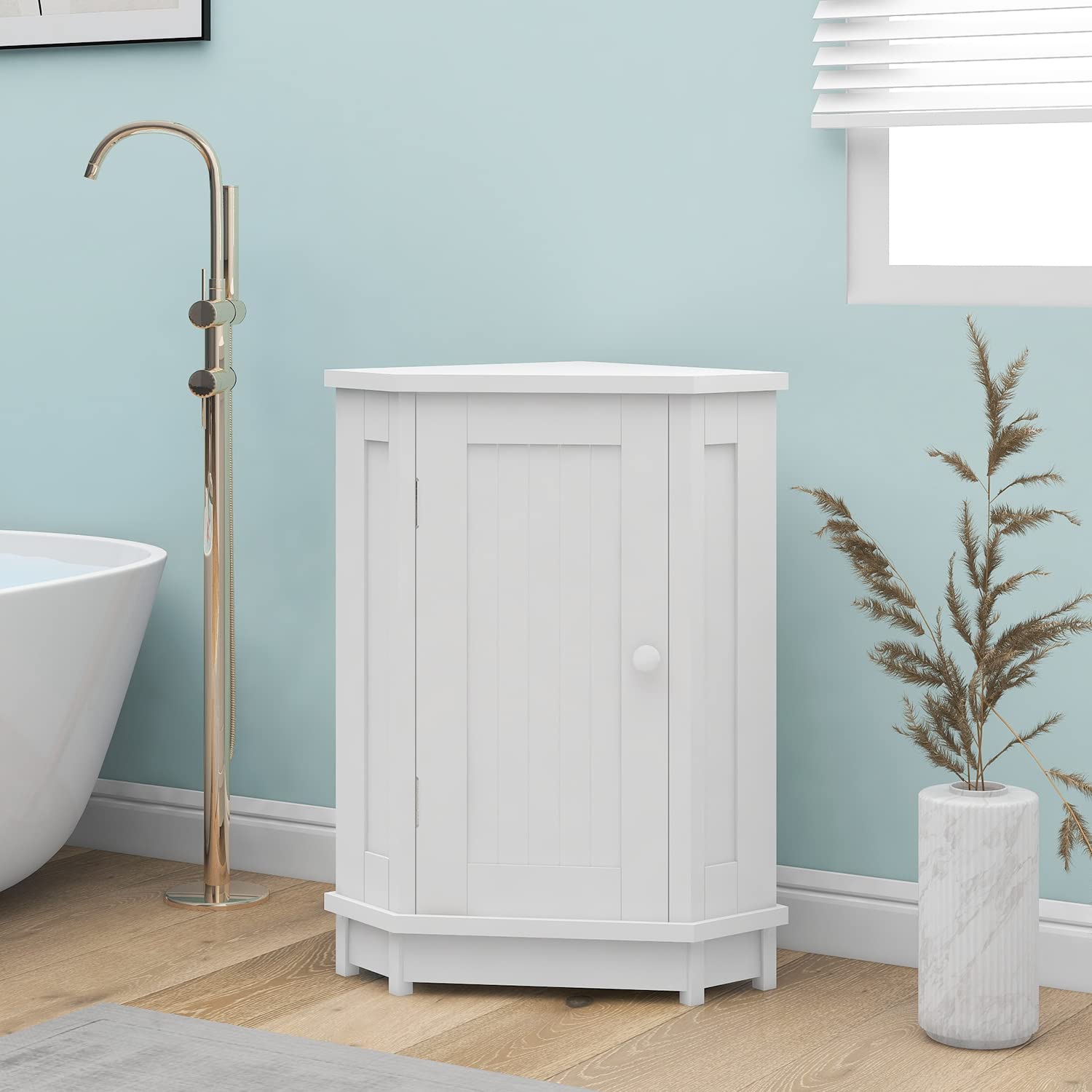 White Corner Storage Cabinet with Door and Adjustable Shelf
