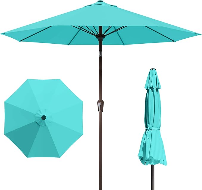 9FT Patio Umbrella Outdoor with Auto-Tilt Crank & 8 Sturdy Fiberglass Ribs