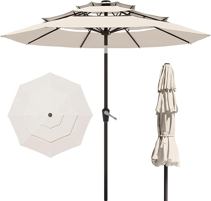 9FT 3 Tiers Patio Umbrella,Outdoor Table Market Umbrella with 8 Fiberglass Ribs for Pool