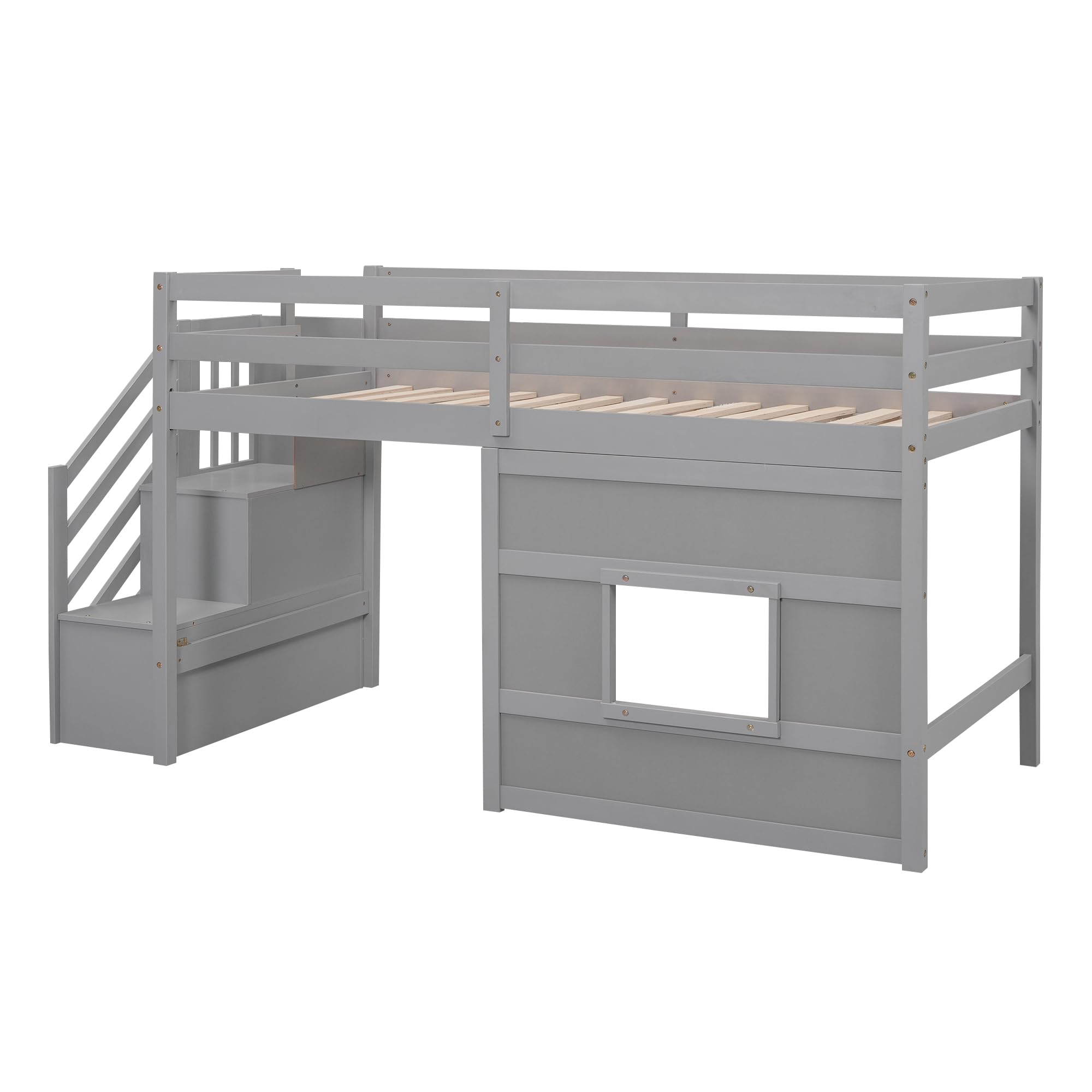 Low Loft Bed with Stairs, Twin Size Storage Loft Bed Frame with Staircase and Window