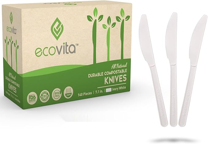 100% Compostable Knives - 500 Large Disposable Utensils (7 in.) Bulk Size Eco