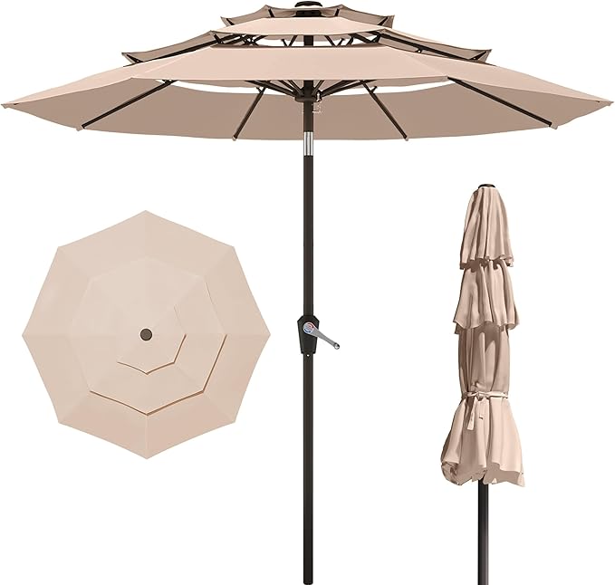 9FT 3 Tiers Patio Umbrella,Outdoor Table Market Umbrella with 8 Fiberglass Ribs for Pool