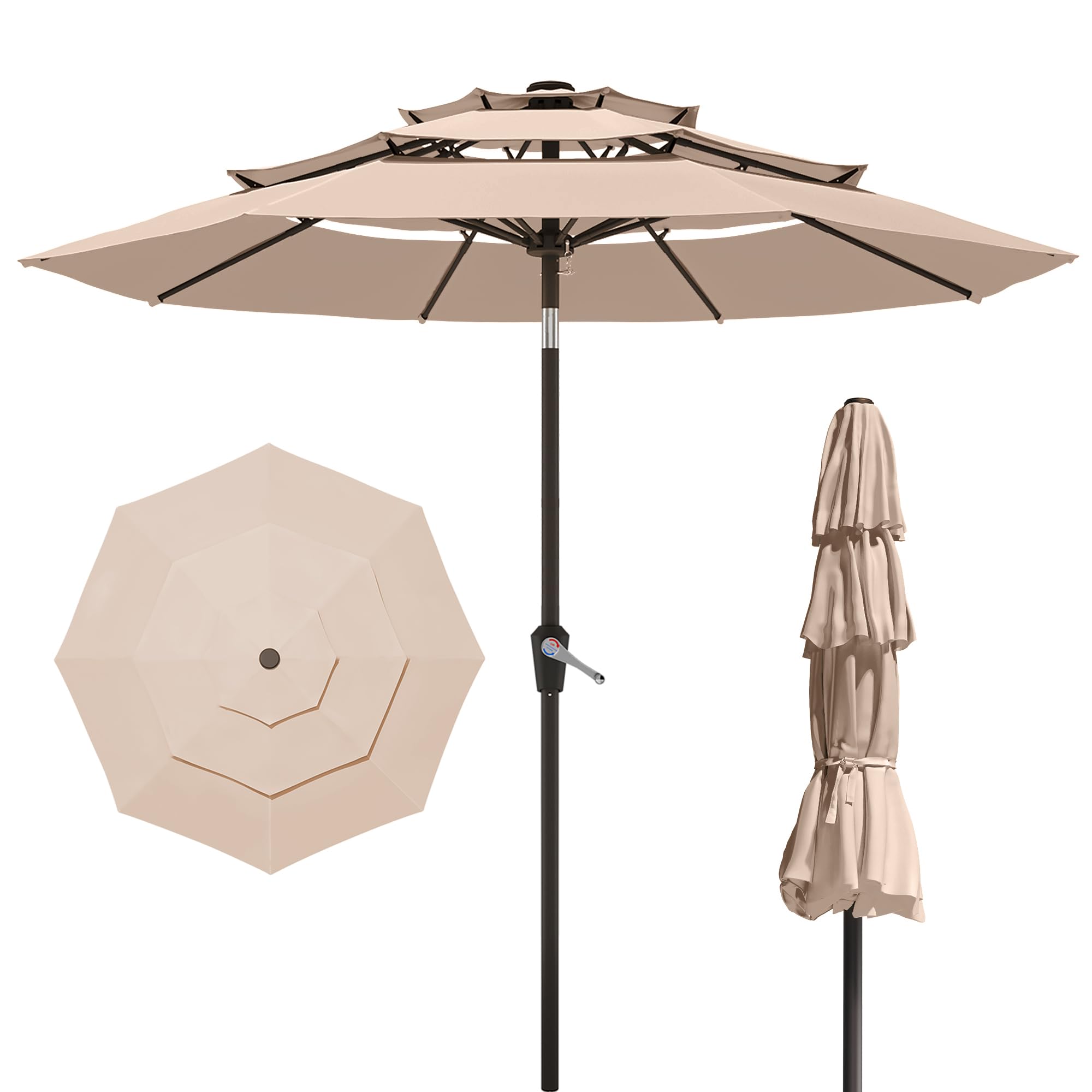 9FT 3 Tiers Patio Umbrella,Outdoor Table Market Umbrella with 8 Fiberglass Ribs for Pool