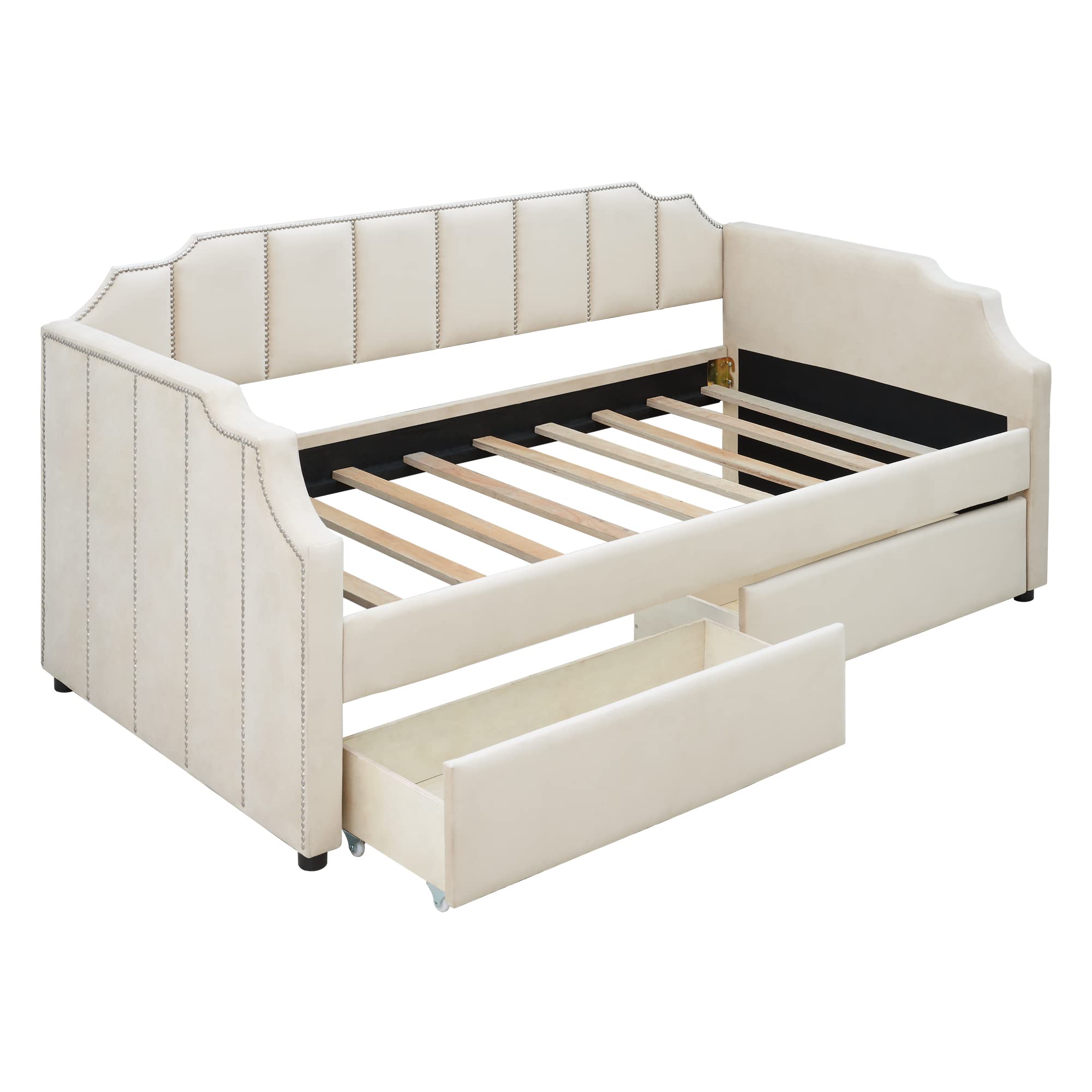 Twin Size Daybed with Storage Drawers - Upholstered Velvet Sofa Bed, Wood Slat Support