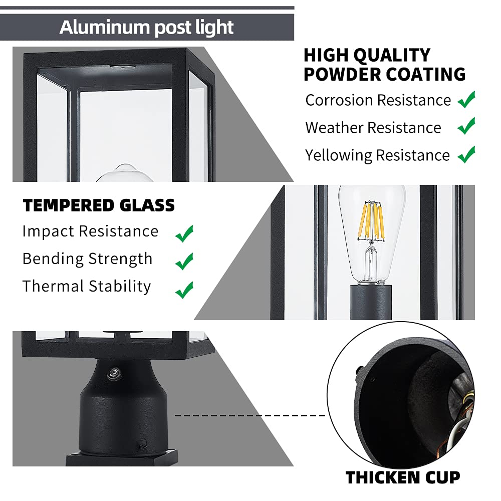 Windben Large 15 inch Dusk to Dawn Outdoor Post Light,Waterproof Cast Aluminium Lamp Post Light Fixture,Post Lantern with Pier Mount Base,Matte Black,Suitable for Garden,Yard,Driveway,etc