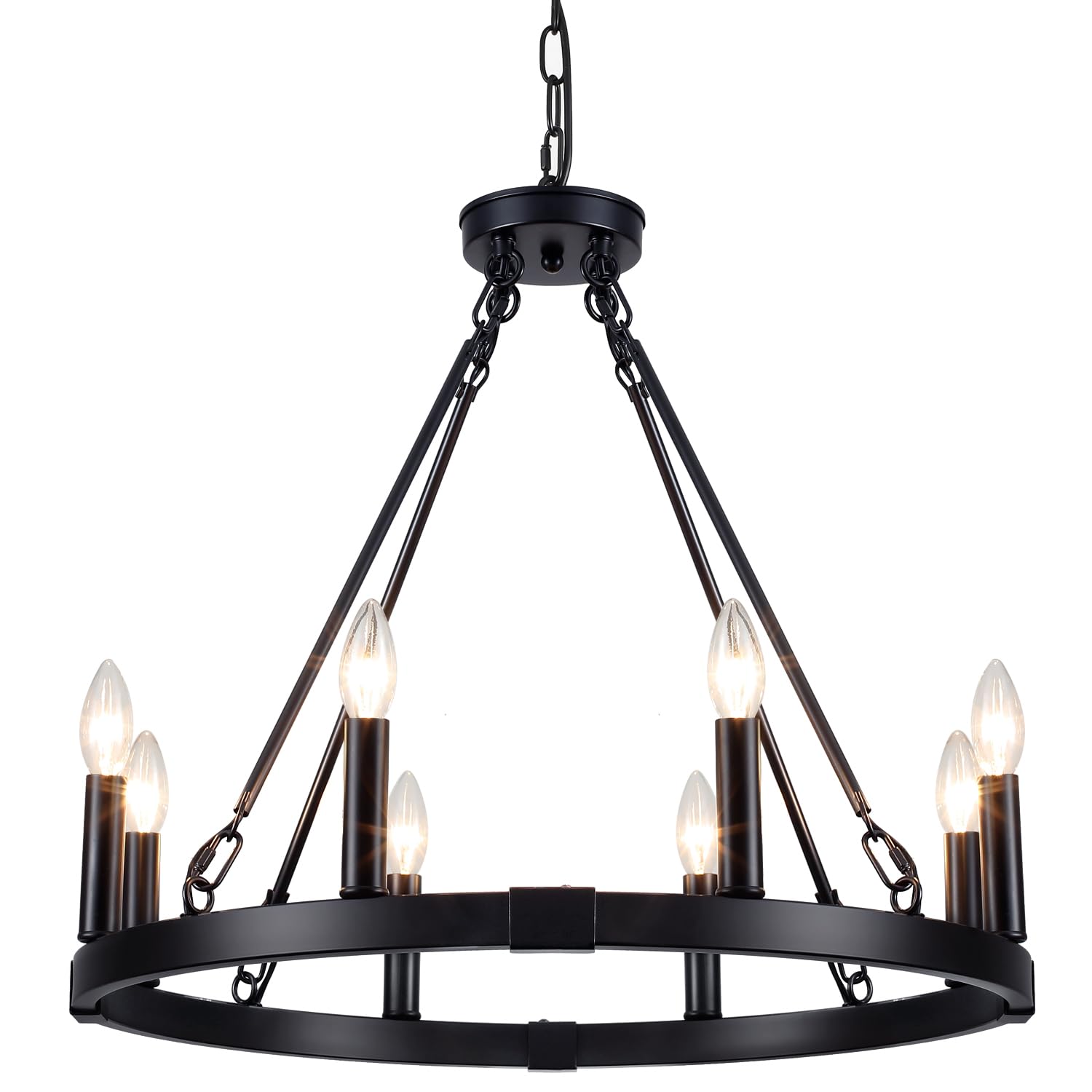 8-Light Wagon Wheel Chandelier, Black Farmhouse Chandelier for Dining Room