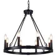 8-Light Wagon Wheel Chandelier, Black Farmhouse Chandelier for Dining Room