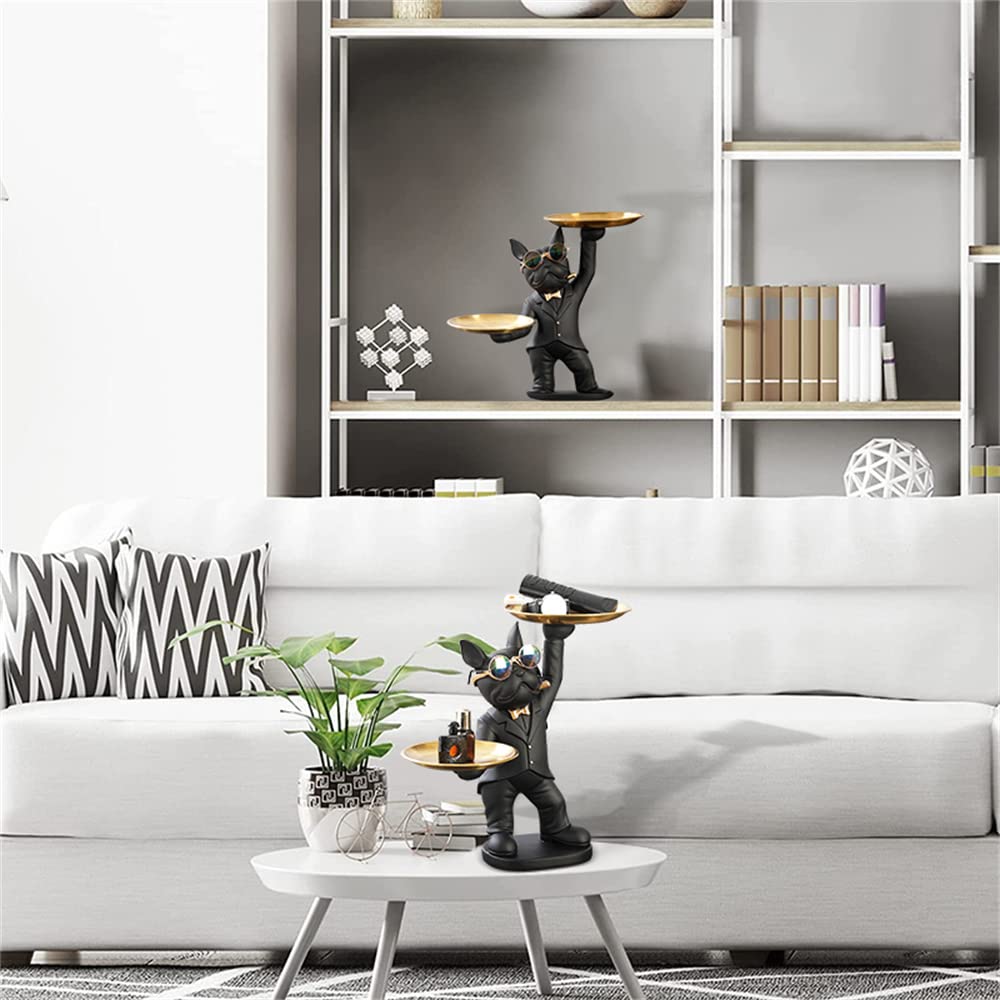 Adorable French Bulldog Statue with 2 Trays and Cute Glasses Black