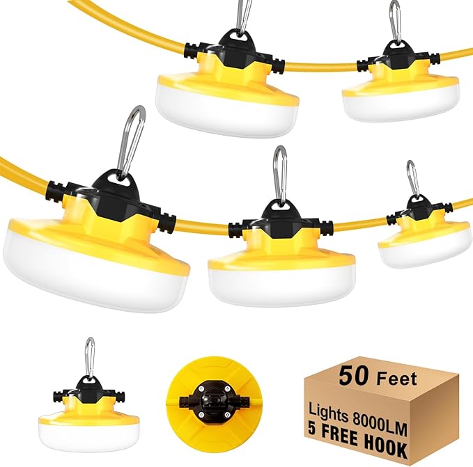 100FT LED Construction String Lights 3 Prong, 130W 16000Lm LED String Work Lights,