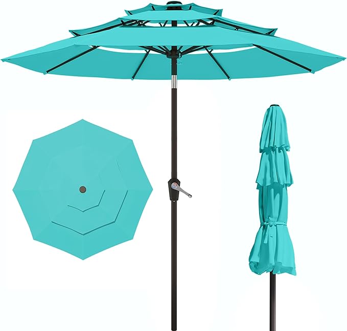 9FT 3 Tiers Patio Umbrella,Outdoor Table Market Umbrella with 8 Fiberglass Ribs for Pool