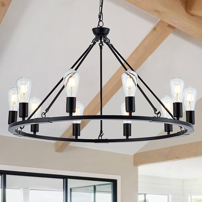 Black Farmhouse Wagon Wheel Chandelier 10-Light 31.5'' Vintage Industrial
