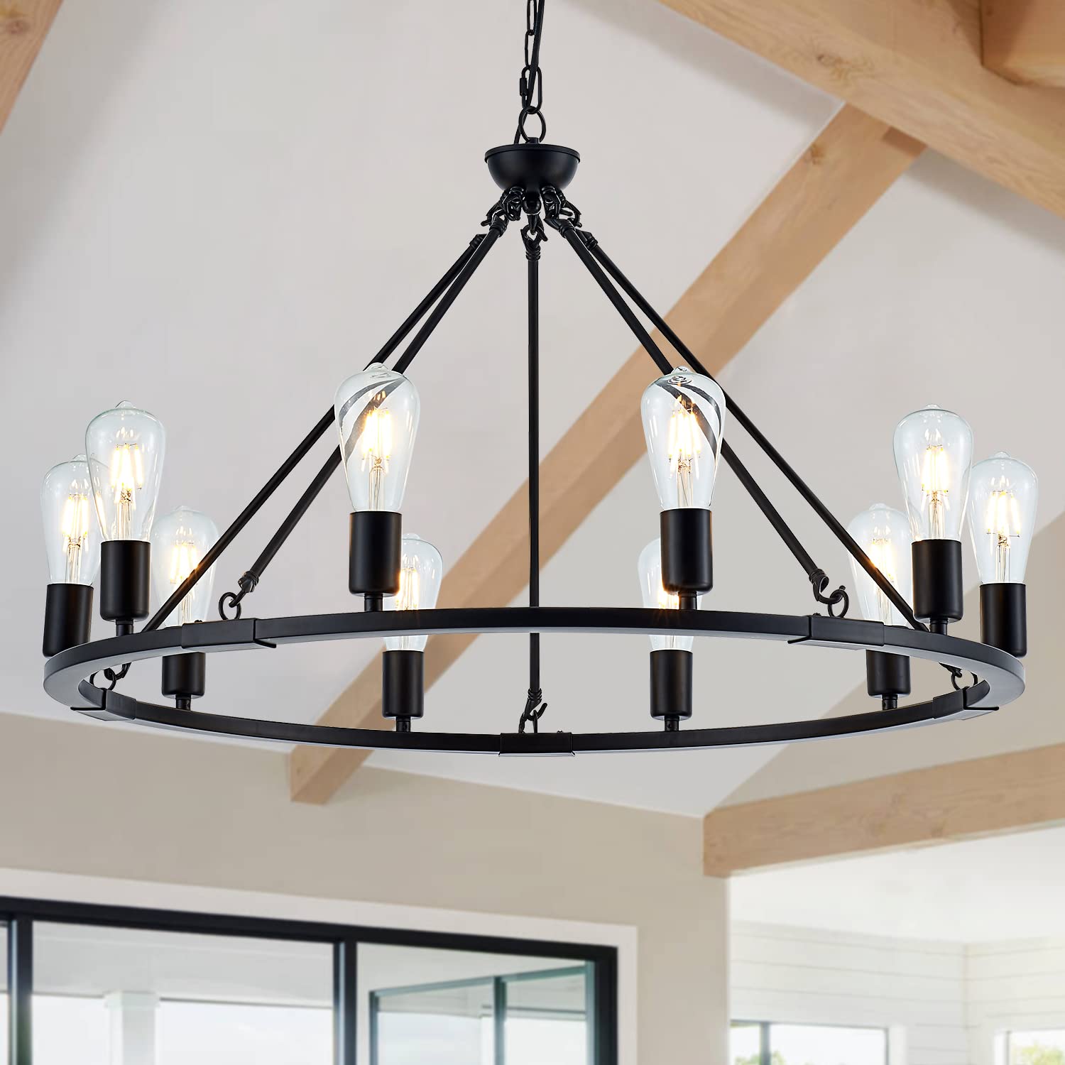 Black Farmhouse Wagon Wheel Chandelier 10-Light 31.5'' Vintage Industrial