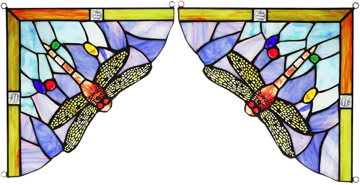 1 Pair Dragonfly Stained Glass Panels Door Window Corner Tiffany Glass Material