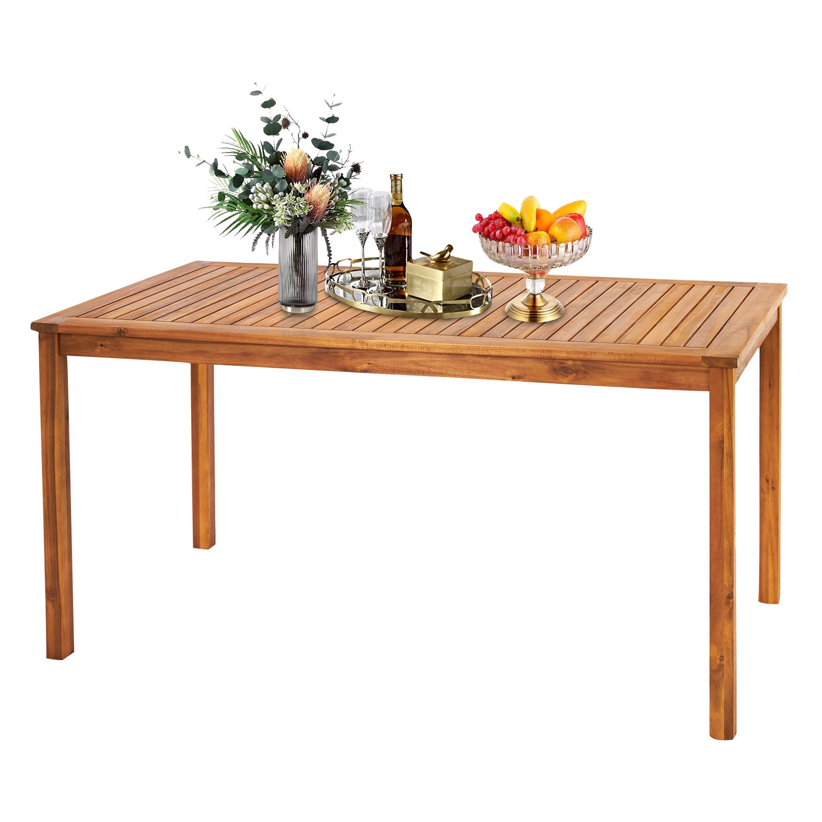 Outdoor Dining Table, 57" Acacia Wood Rectangular Table with Umbrella Hole