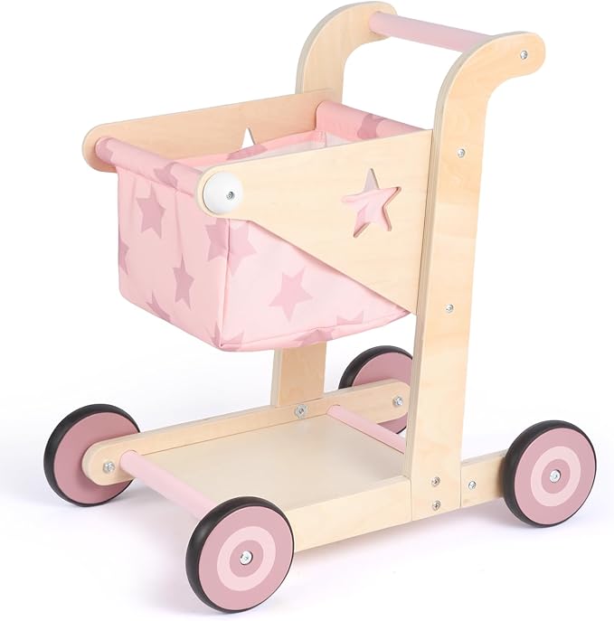 2 in 1 Wooden Baby Walker Push and Pull Doll Stroller, Shopping Cart Learning Walker