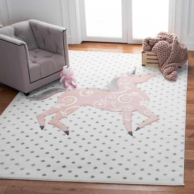 Carousel Kids Collection 6'7" Square Pink / Ivory CRK163P Unicorn Nursery Playroom