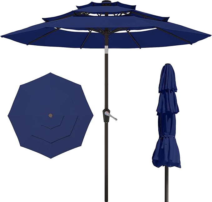 9FT 3 Tiers Patio Umbrella,Outdoor Table Market Umbrella with 8 Fiberglass Ribs for Pool
