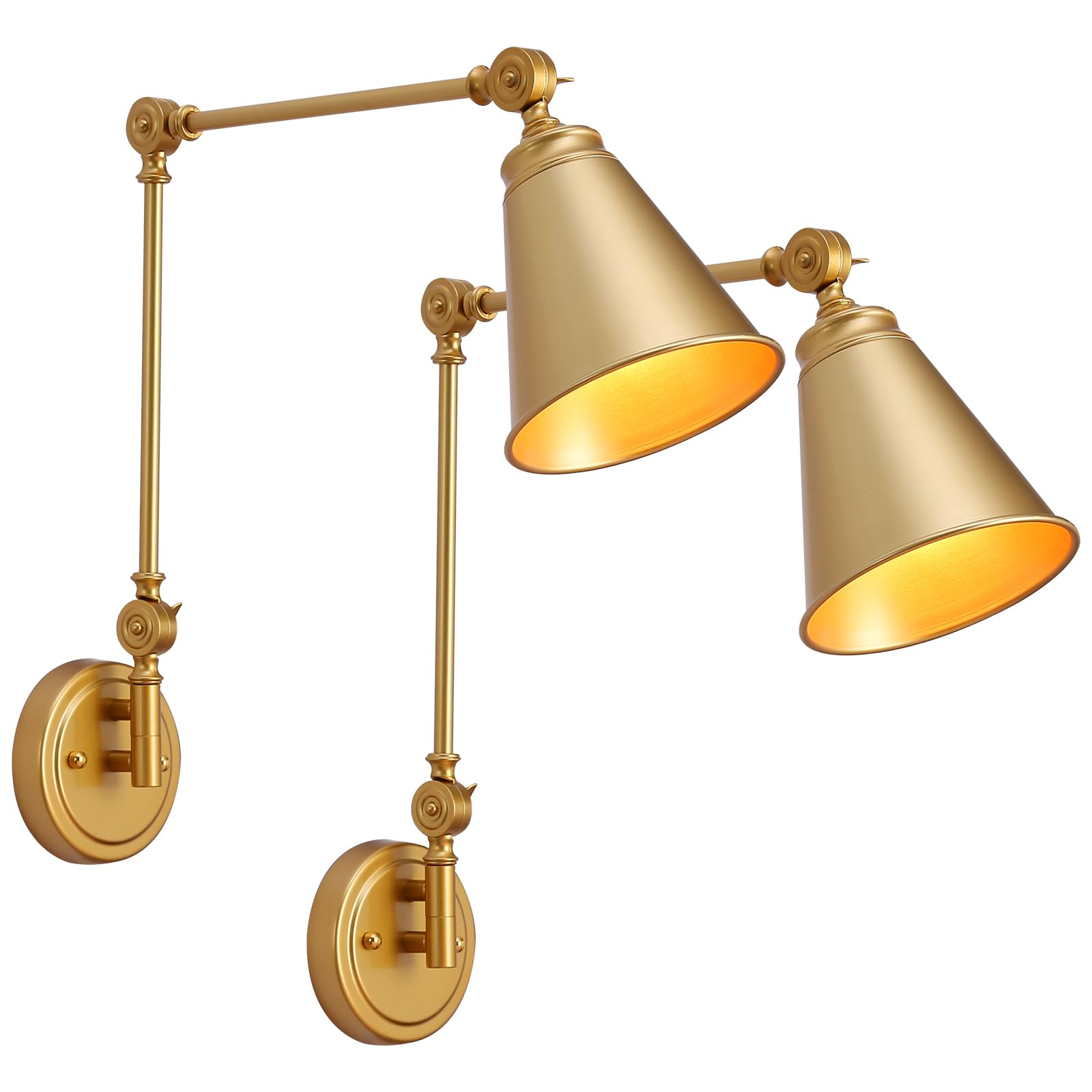 Gold Swing Arm Wall Lamp, Industrial Brass Plug in Wall Sconce for Bedroom