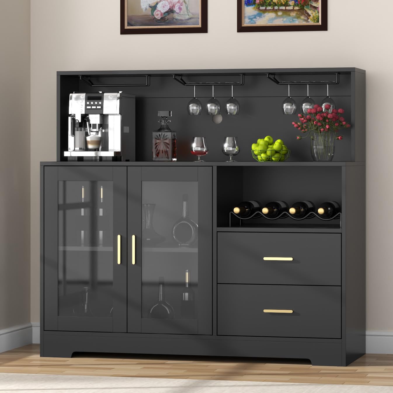 Auromie Wine Bar Cabinet with LED Light, Home Coffee Cabinet with Wine and Glass Rack, Kitchen Buffet Sideboard with Storage Cabinet&Drawers, Modern Liquor Cabinet for Living Room Dining Room (Black)