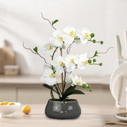 White Orchid Artificial Flowers with Gray Vase Fake Faux Silk Phalaenopsis Arrangement