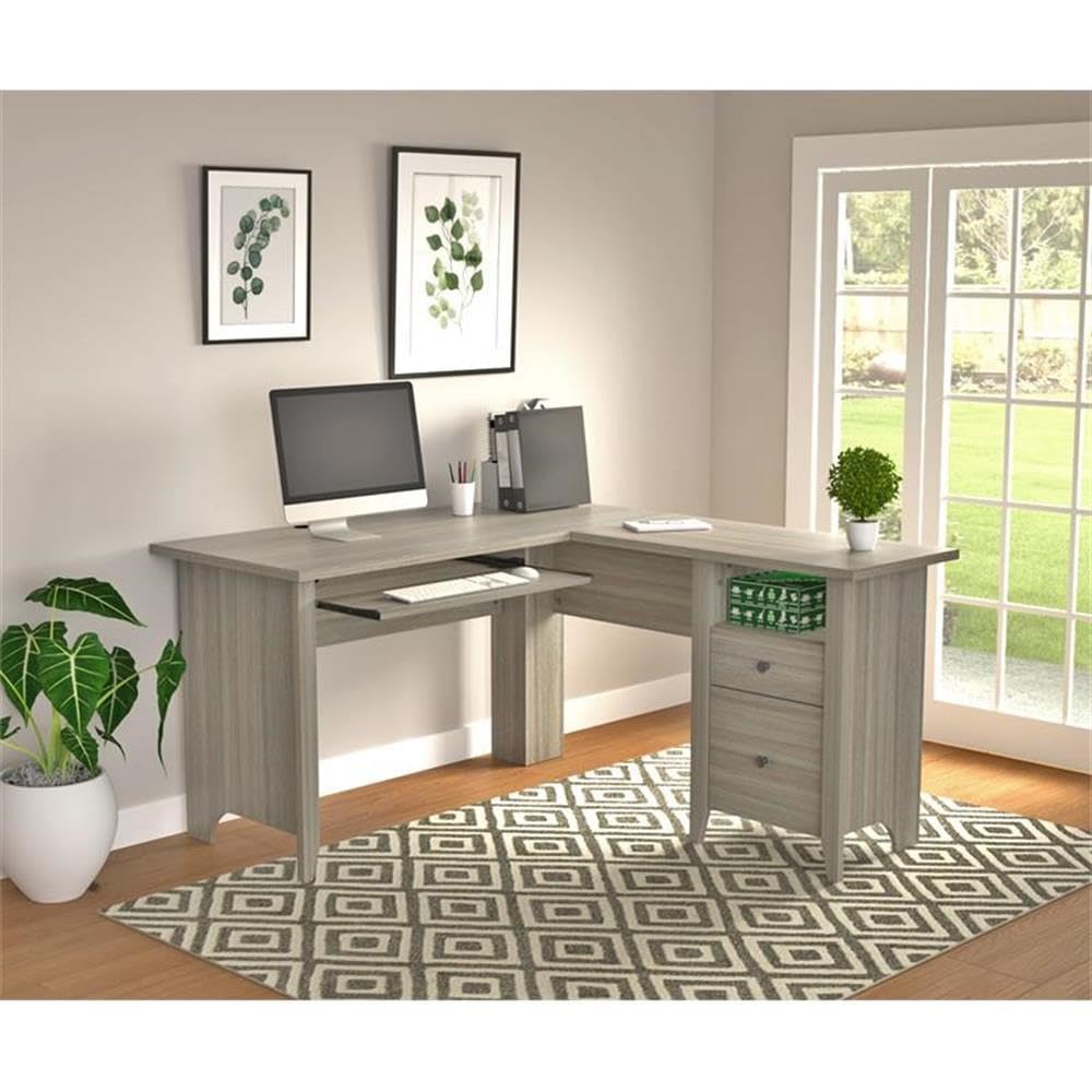2-Drawer L-Shaped Computer Desk with Pull-Out Keyboard Tray, Cubicle Storage