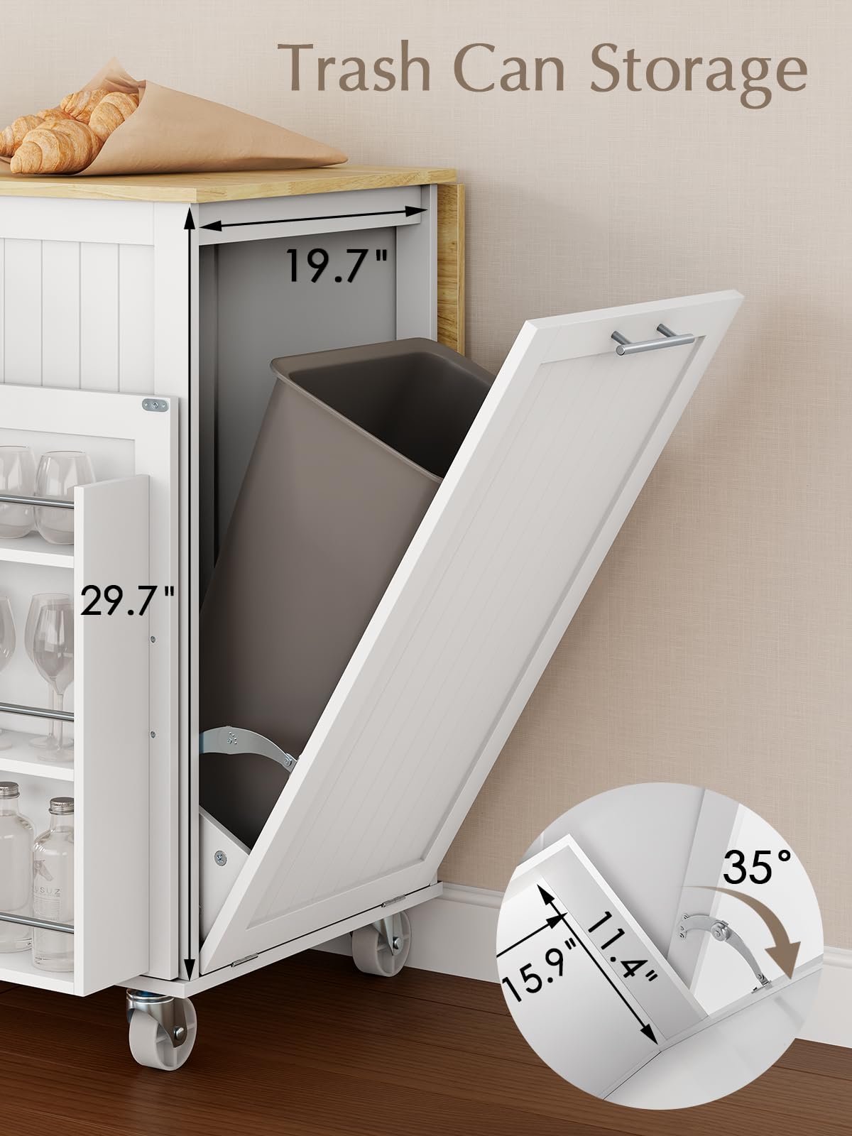 OtterOasis Kitchen Island with Storage, 31.5" D Rolling Kitchen Island Cart on Wheels with Widen Drop Leaf Rubberwood Top, Large Mobile Kitchen Island with Trash Can Storage and Towel Bar, White