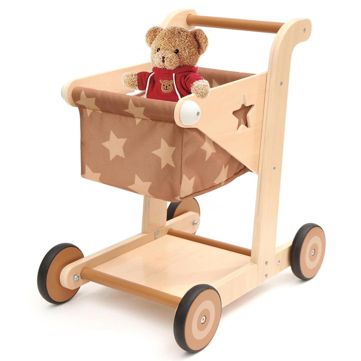 2 in 1 Wooden Baby Walker Push and Pull Doll Stroller, Shopping Cart Learning Walker