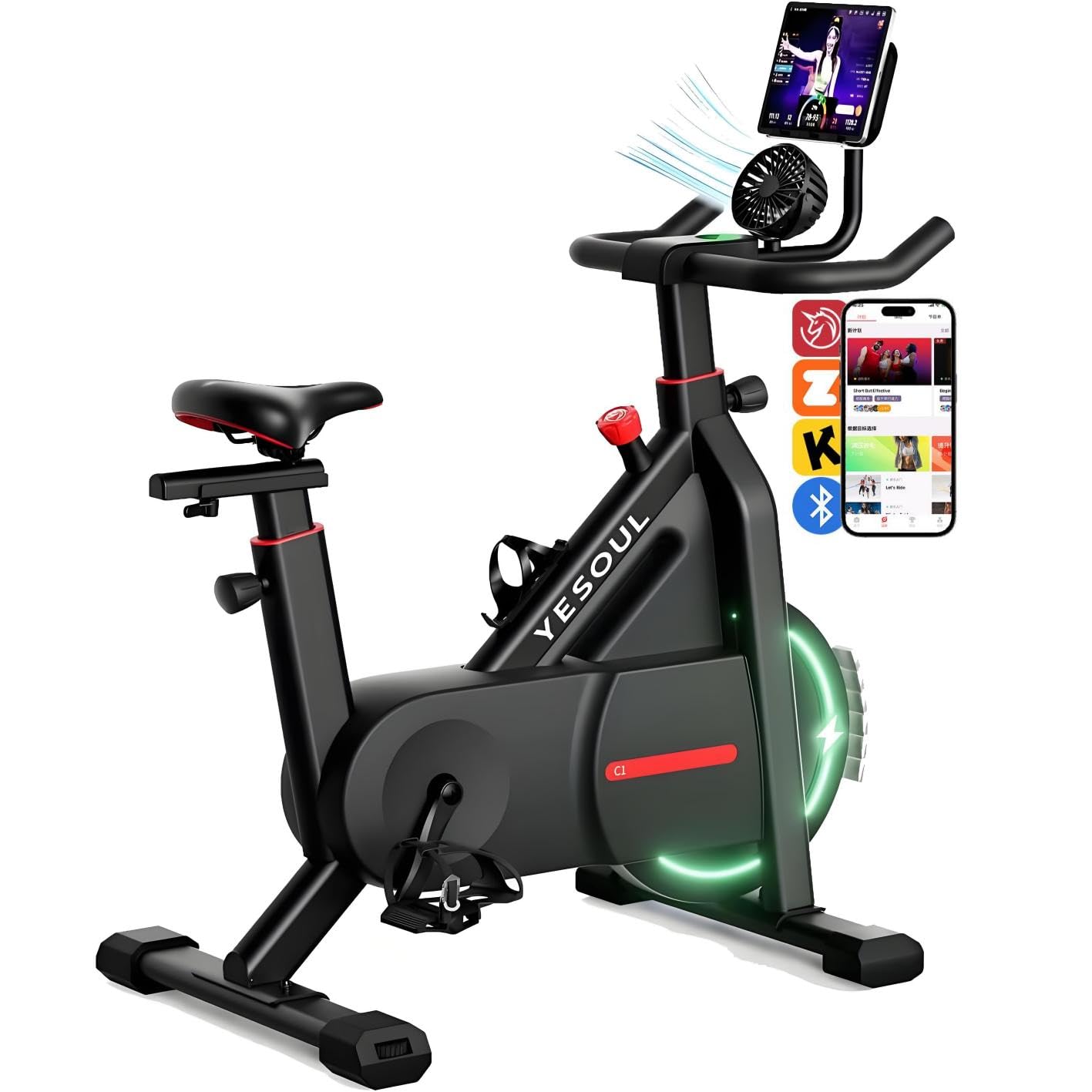 Powered Exercise Bike with Cooling Fan & Smart App, Quiet Magnetic Resistance