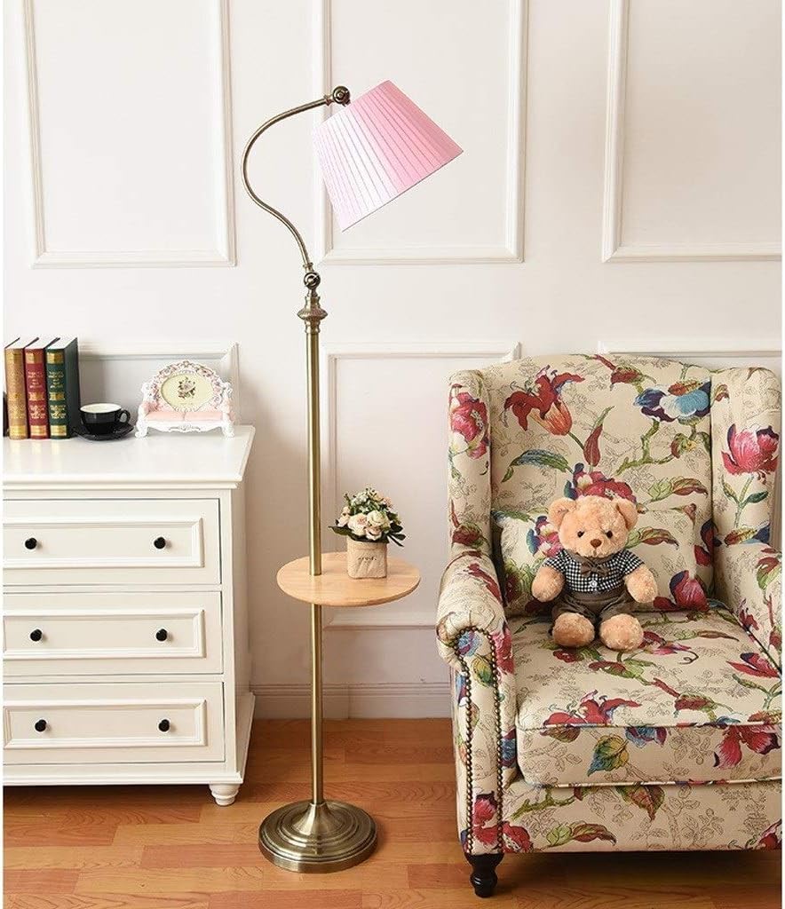 Floor Lamp Standing Light Adjustable Iron Floor Lamp with Wooden Table Fabric Lampshade