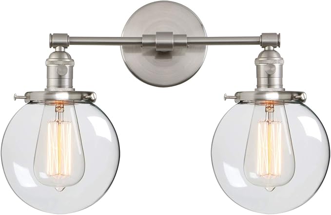 Industrial Wall Light Hardwired Double Wall Sconce with 5.9 Inches Round Clear Glass
