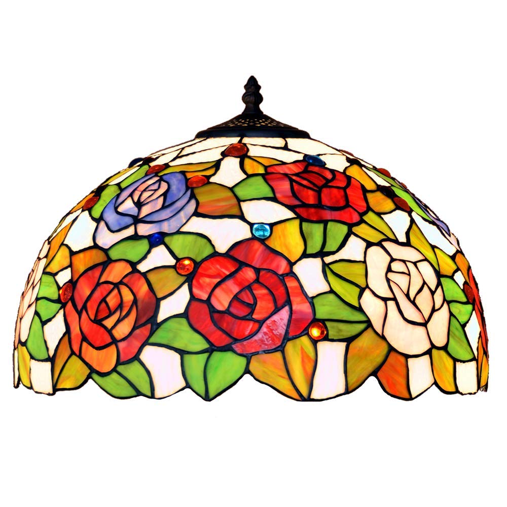 Tiffany Style Floor Lamp 16 Inch Wide Rose Design Stained Glass Shade 2-Light Antique