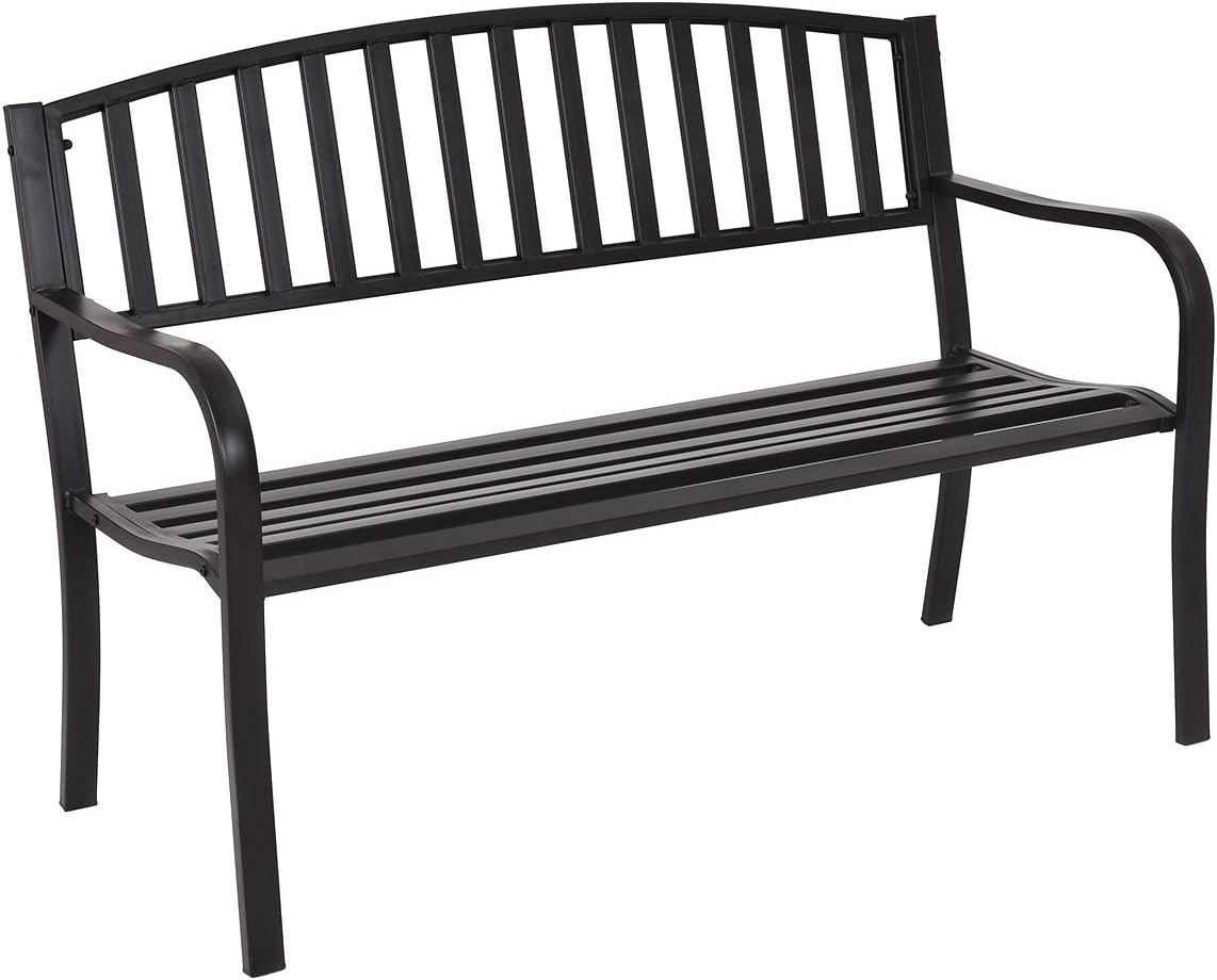 Outdoor Bench, 50” Patio Garden Bench with Steel Frame, Slat Design