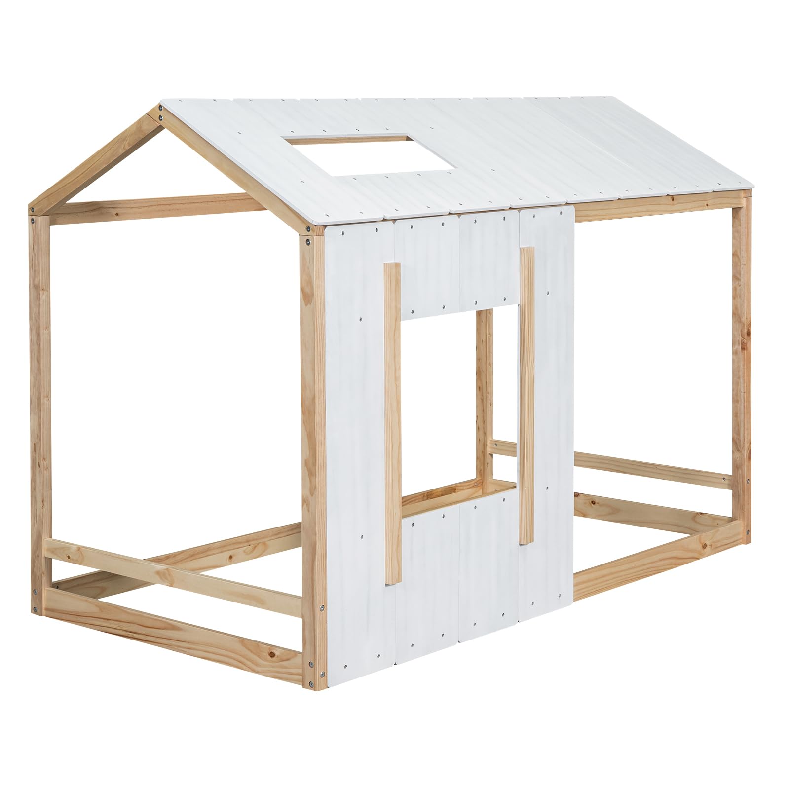 Bed Frame, Twin Size House Floor Bed Frame with Headboard, Roof and Window,